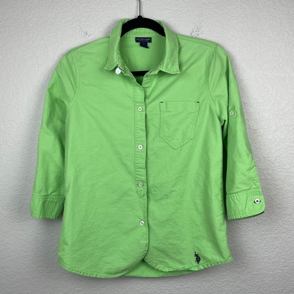 US Polo Assn Shirt Womens Medium‎ Green 3/4 Roll Tab Sleeves Cotton Top Preppy